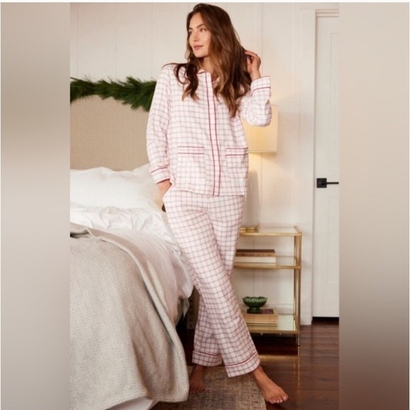 Lake Pajamas PANTS ONLY Scarlet Windowpane XL White Red Piping Flannel Pockets - Picture 1 of 8